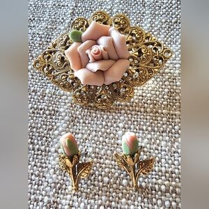 Vintage 1928 Rose Brooch With earings